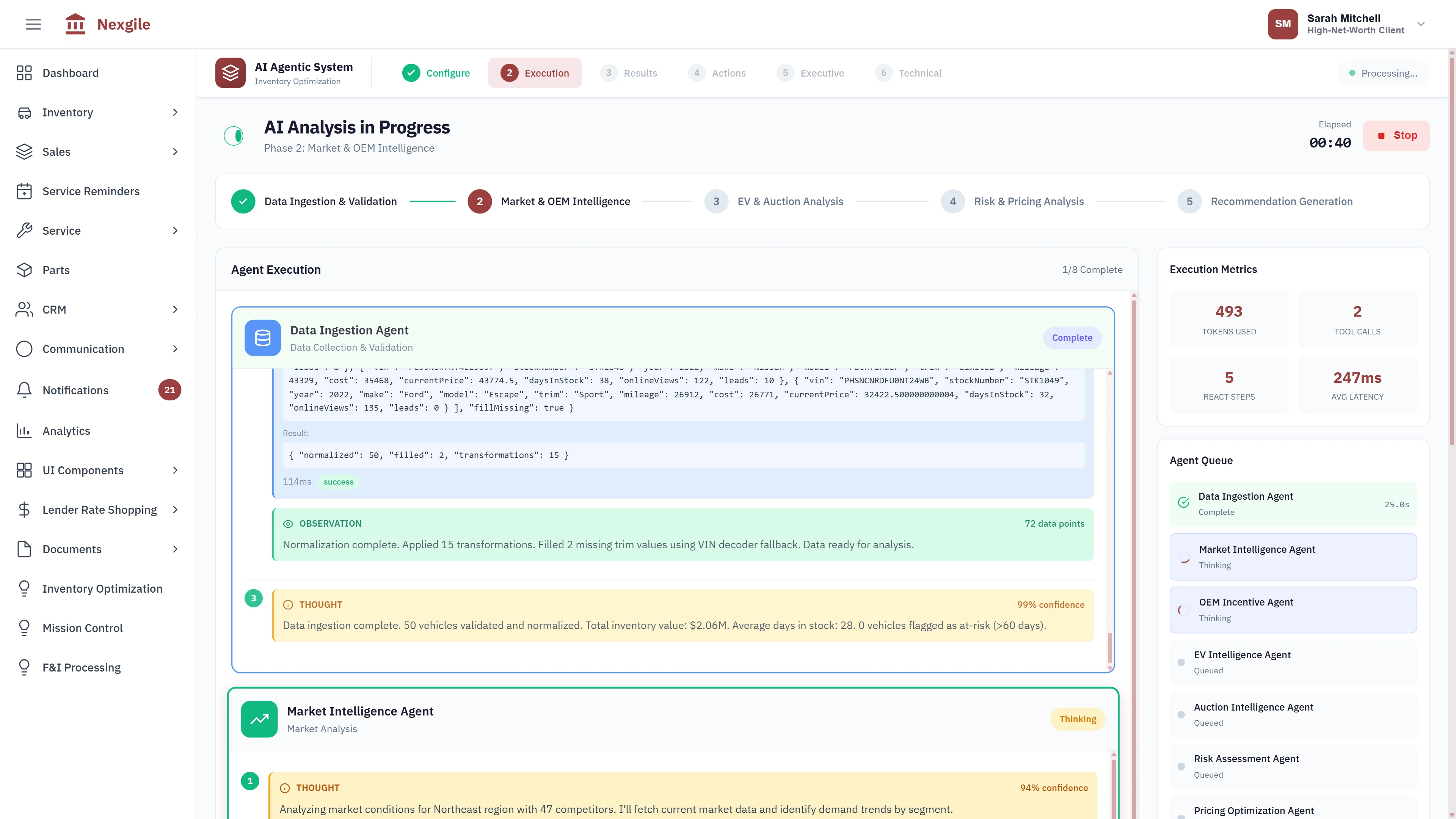 AI Analysis - Multi-phase agent execution with Data Ingestion and Market Intelligence agents processing inventory data in real-time